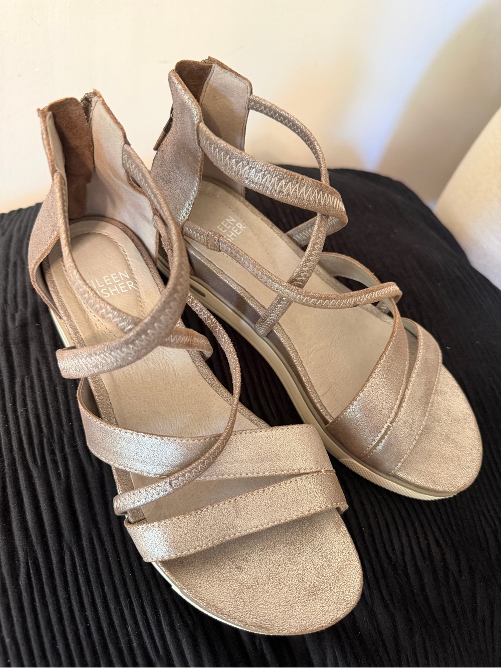 Eileen Fisher Metallic Taupe Strappy Platform Sandals - Picture 3 of 5